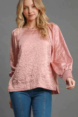 Umgee Wrinkled Round Neck Lantern Sleeve Blouse - 1985 the VAULT Boutique