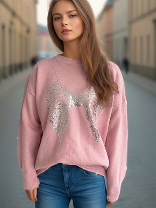 Sequin Bow Round Neck Long Sleeve Sweater - 1985 the VAULT Boutique