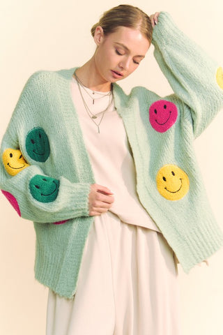 Davi & Dani Fuzzy Smile Open Front Long Sleeve Cardigan - 1985 the VAULT Boutique