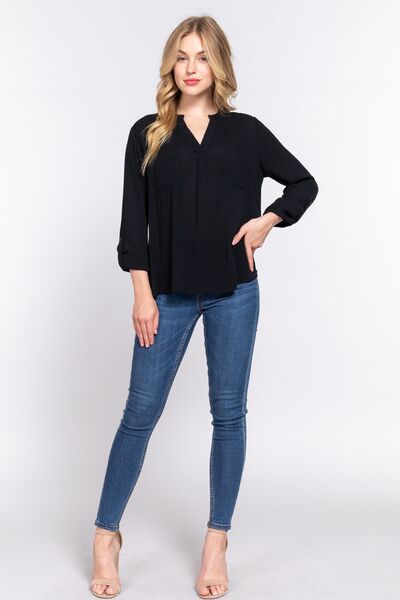 ACTIVE BASIC Full Size Notched Long Sleeve Woven Top - Happily Ever Atchison Shop Co.