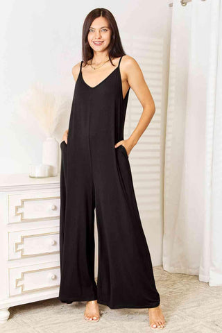 Double Take Full Size Soft Rayon Spaghetti Strap Tied Wide Leg Jumpsuit - 1985 the VAULT Boutique