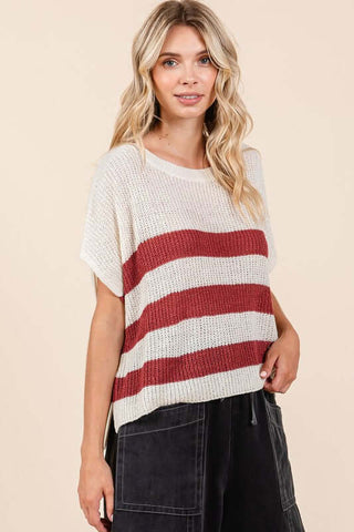 Mittoshop Contrast Striped Round Neck Short Sleeve Sweater - 1985 the VAULT Boutique