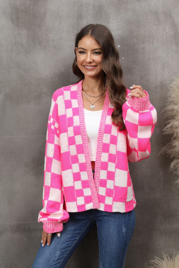 Angel Wings Checkered Open Front Drop Shoulder Cardigan - 1985 THE VAULT