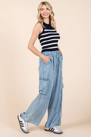 Mittoshop Washed Elastic Waist Cargo Wide Leg Pants - 1985 the VAULT Boutique