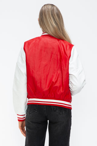 Love Me Now PU Leather Contrast Snap Down Bomber Jacket - 1985 the VAULT Boutique