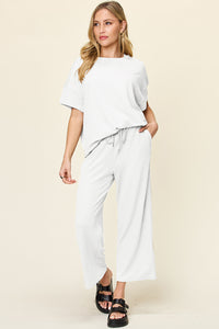 Double Take Full Size Texture Round Neck Short Sleeve T-Shirt and Wide Leg Pants - 1985 the VAULT Boutique