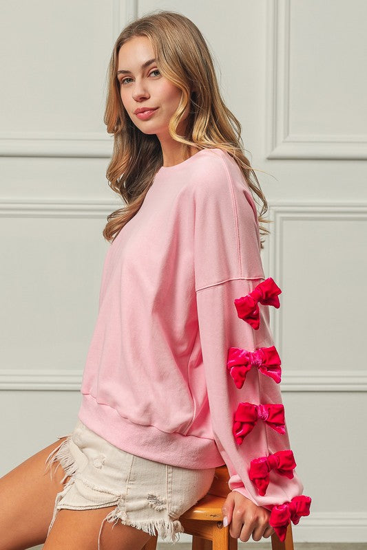 BiBi Velvet Ribbon Bows Long Sleeve Round Neck Sweatshirt - 1985 the VAULT Boutique