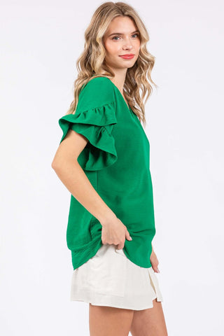 GeeGee Ruffled Short Sleeve V-Neck Blouse - 1985 the VAULT Boutique