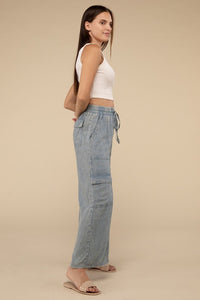 Washed Linen Elastic Band Waist Cargo Pants - 1985 the VAULT Boutique