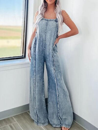 Exposed Seam Washed Wide Leg Denim Overalls - 1985 the VAULT Boutique