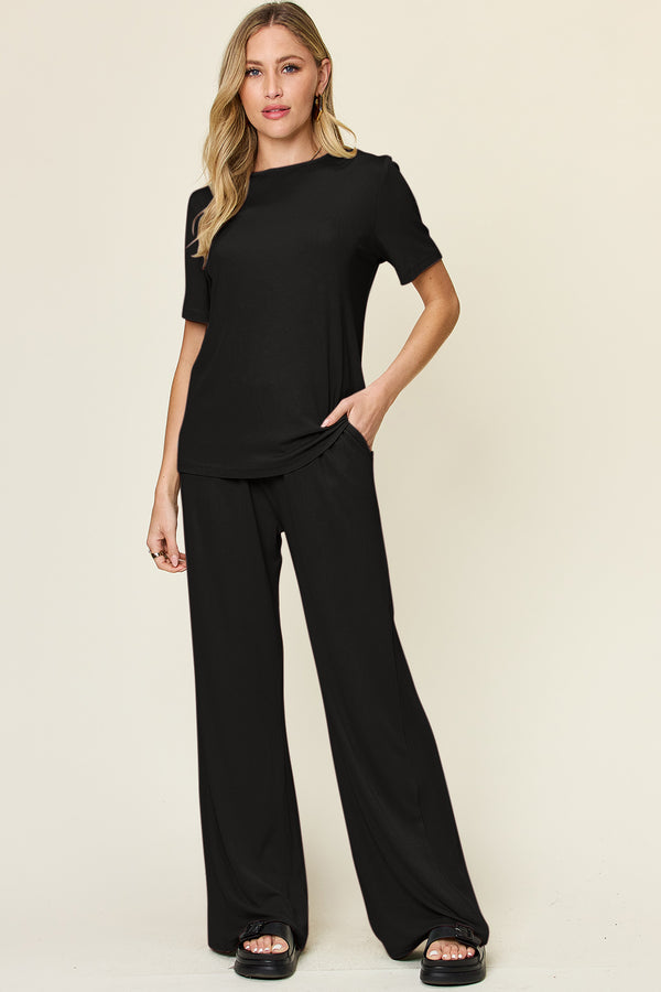 Double Take Full Size Round Neck Short Sleeve T-Shirt and Wide Leg Pants Set - 1985 the VAULT Boutique