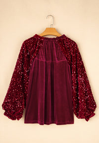 Sequin Notched Long Sleeve Blouse - 1985 the VAULT Boutique