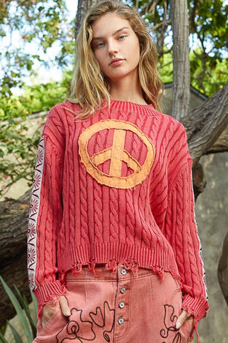 POL Washed Peace Patch Cable Knit Sweater - 1985 the VAULT Boutique