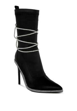 Dacia Rhinestones Strap Satin Calf Boots - 1985 the VAULT Boutique