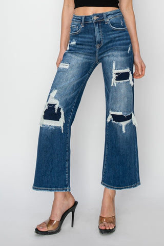 Risen Full Size High Rise Patch Detailed Wide Leg Crop Jeans - 1985 the VAULT Boutique