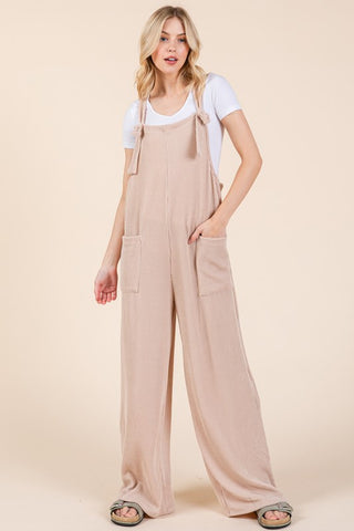 BOMBOM Knot Straps Wide Leg Ribbed Overalls with Pockets - 1985 the VAULT Boutique