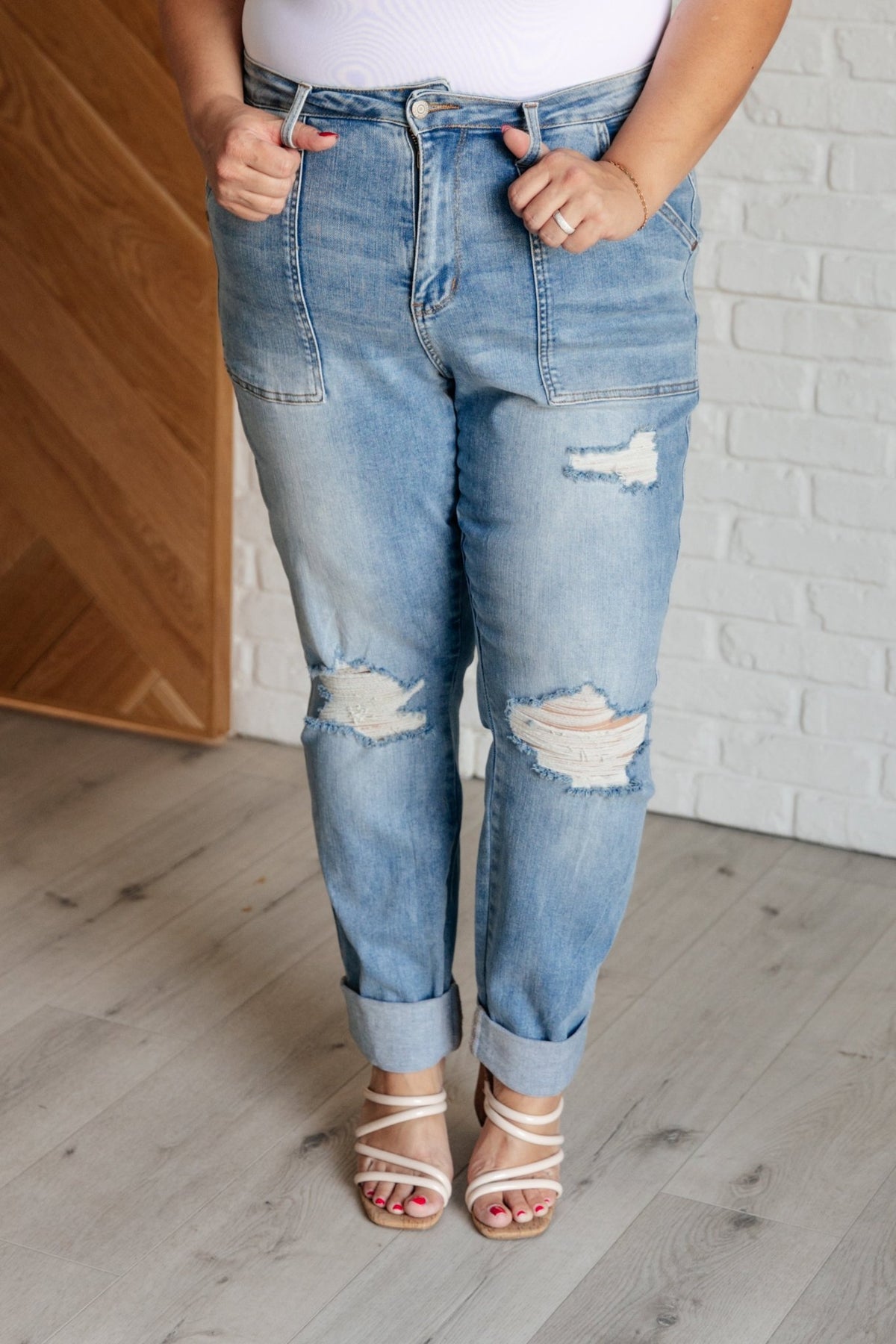 Aiden High Rise Patch Pocket Distressed Boyfriend Jeans - Happily Ever Atchison Shop Co.