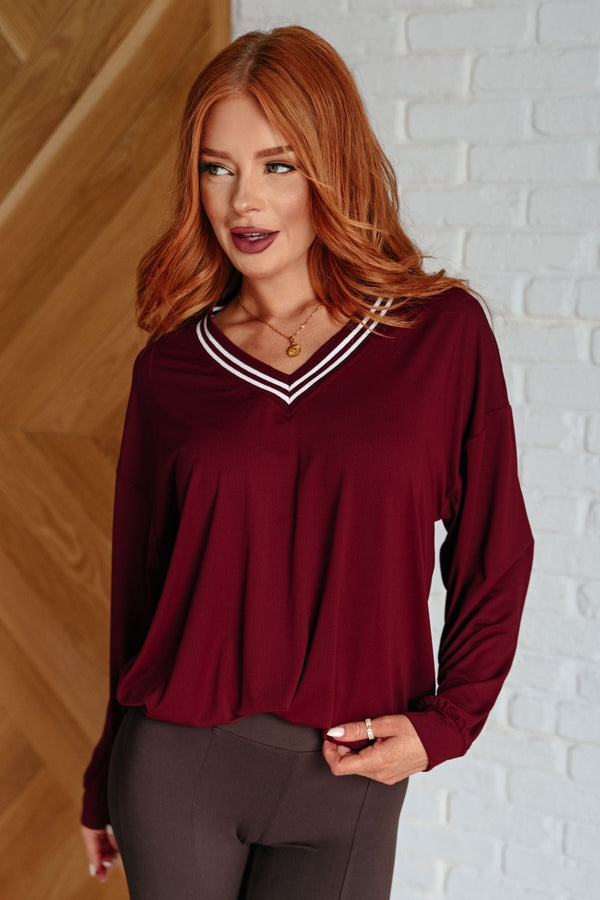 All Out Comfort V - Neck Pullover in Red Merlot - Happily Ever Atchison Shop Co.