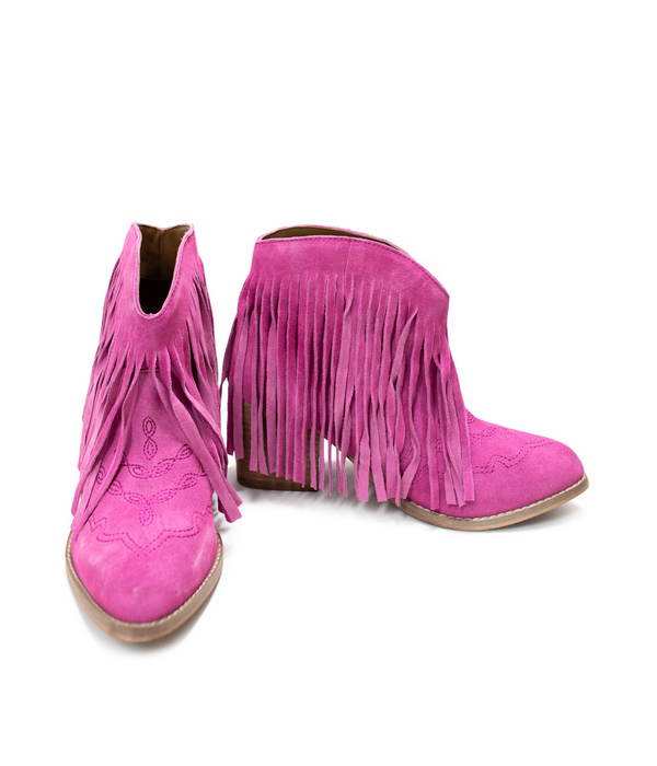 Amos Fringe Ankle Bootie in Magenta Suede - 1985 THE VAULT