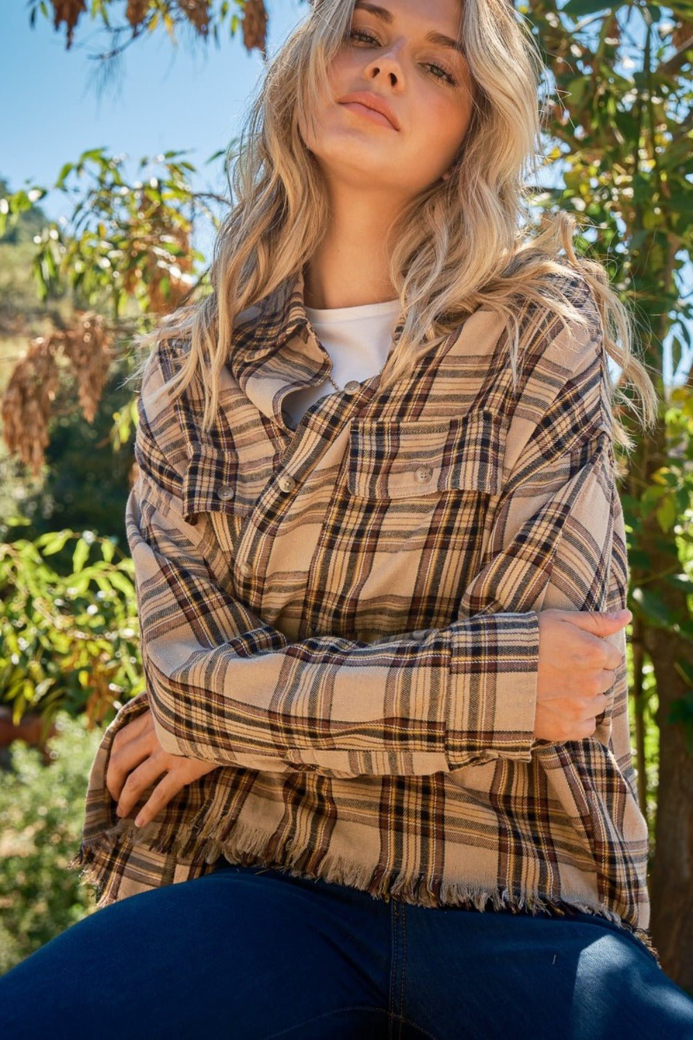 And The Why Full Size Button Up Raw Hem Plaid Shirt - Happily Ever Atchison Shop Co.