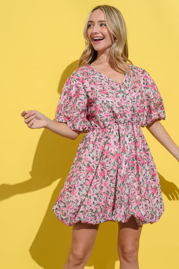 And The Why Full Size Floral Surplice Puff Sleeve Dress - Happily Ever Atchison Shop Co.