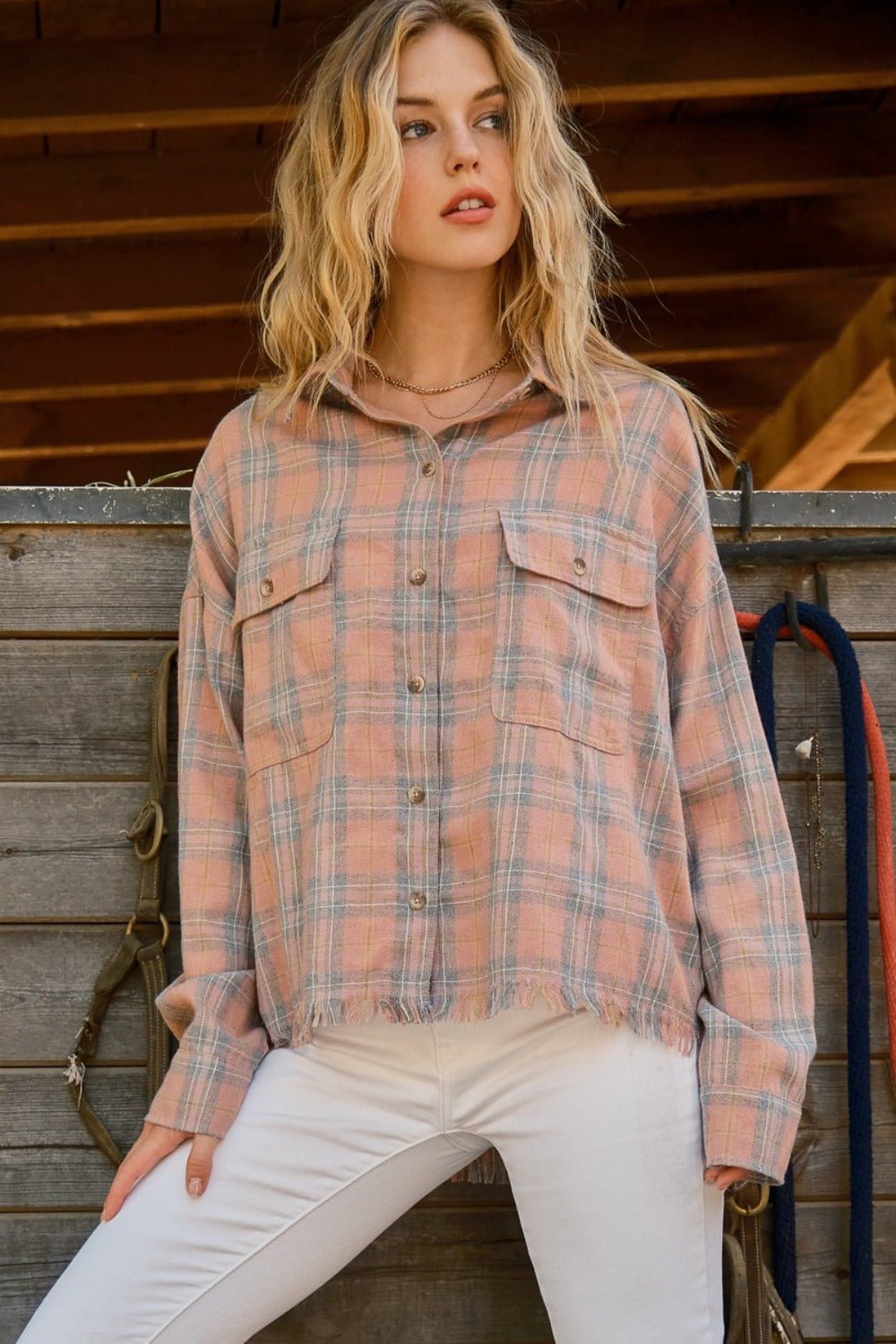 And The Why Full Size Plaid Button Up Raw Hem Shirt - Happily Ever Atchison Shop Co.