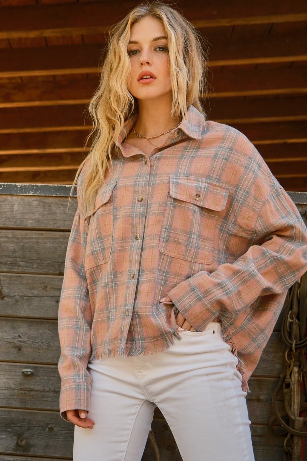 And The Why Full Size Plaid Button Up Raw Hem Shirt - Happily Ever Atchison Shop Co.