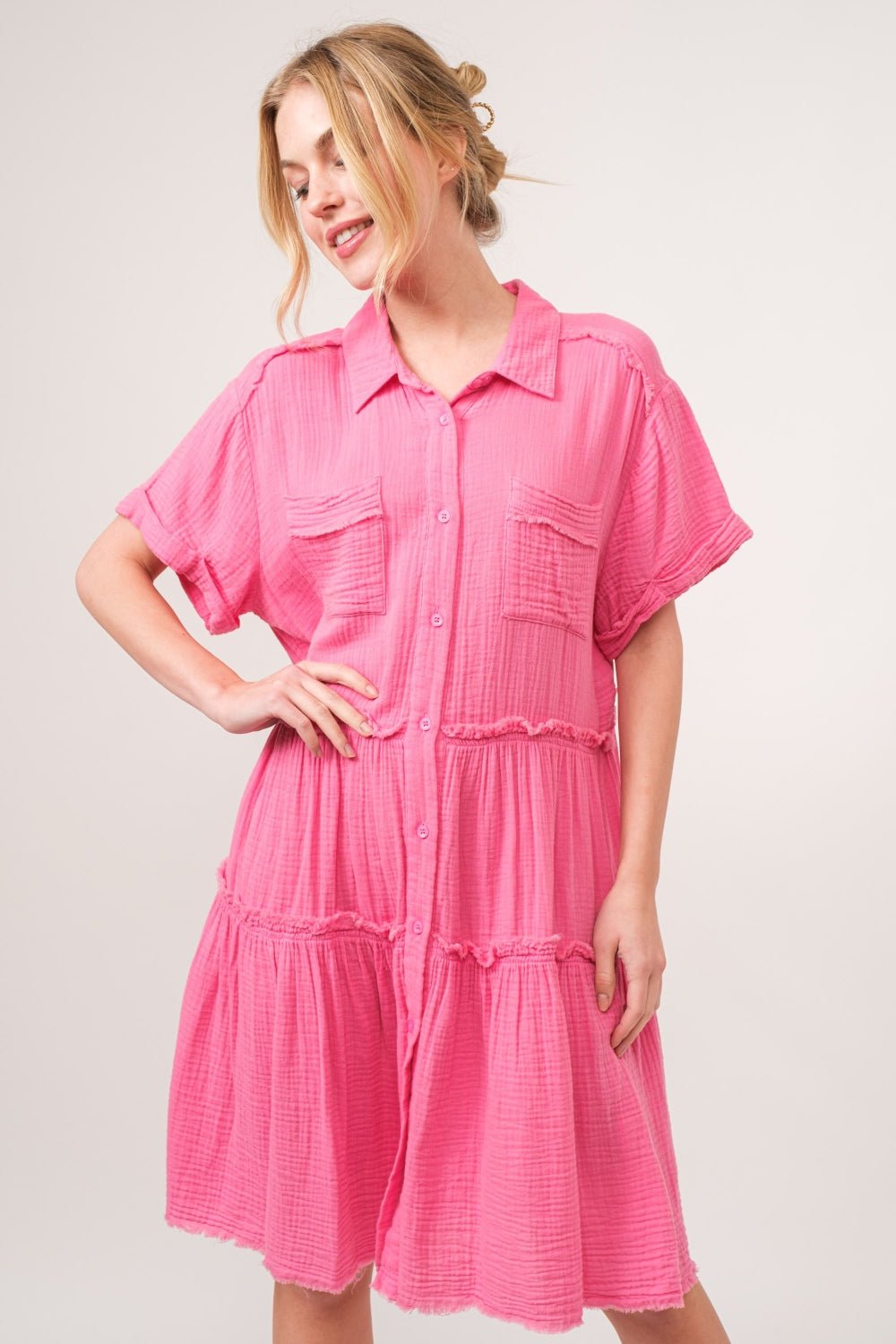 And The Why Full Size Raw Edge Washed Tiered Shirt Dress - Happily Ever Atchison Shop Co.