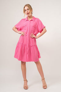 And The Why Full Size Raw Edge Washed Tiered Shirt Dress - Happily Ever Atchison Shop Co.