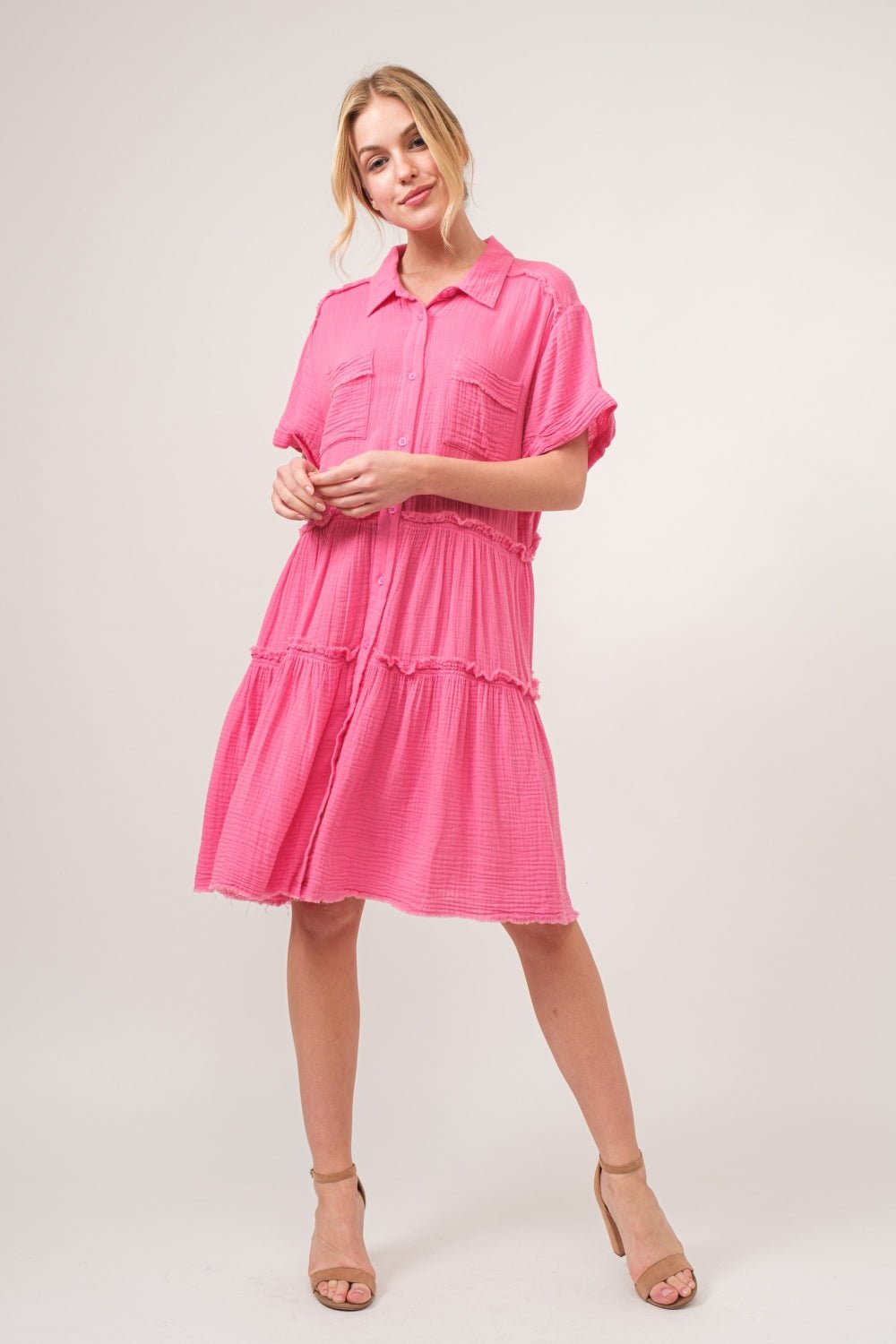 And The Why Full Size Raw Edge Washed Tiered Shirt Dress - Happily Ever Atchison Shop Co.