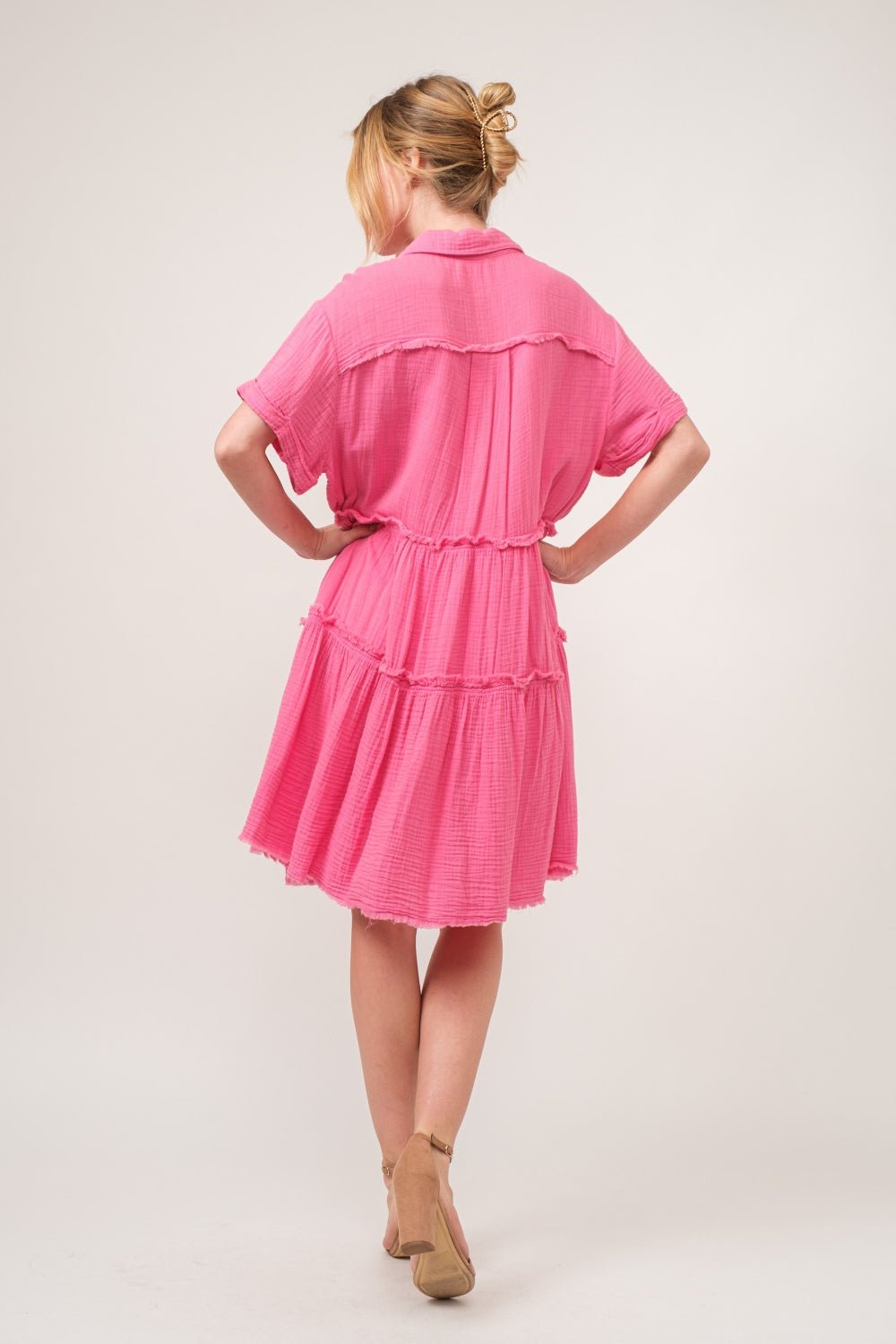 And The Why Full Size Raw Edge Washed Tiered Shirt Dress - Happily Ever Atchison Shop Co.