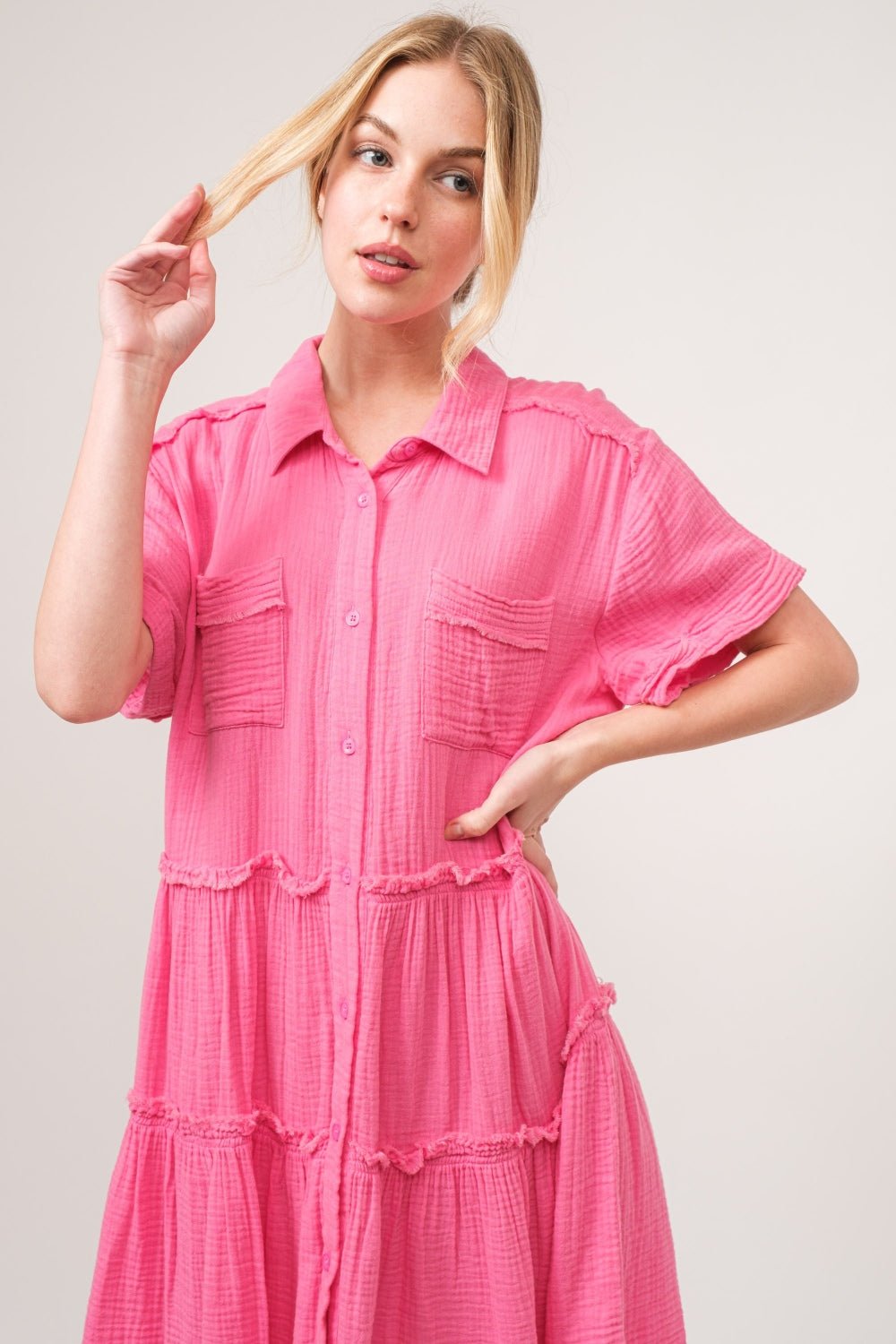 And The Why Full Size Raw Edge Washed Tiered Shirt Dress - Happily Ever Atchison Shop Co.