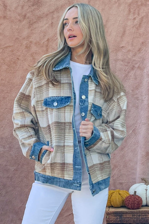 And The Why Full Size Washed Denim Detail Brushed Plaid Jacket - Happily Ever Atchison Shop Co.