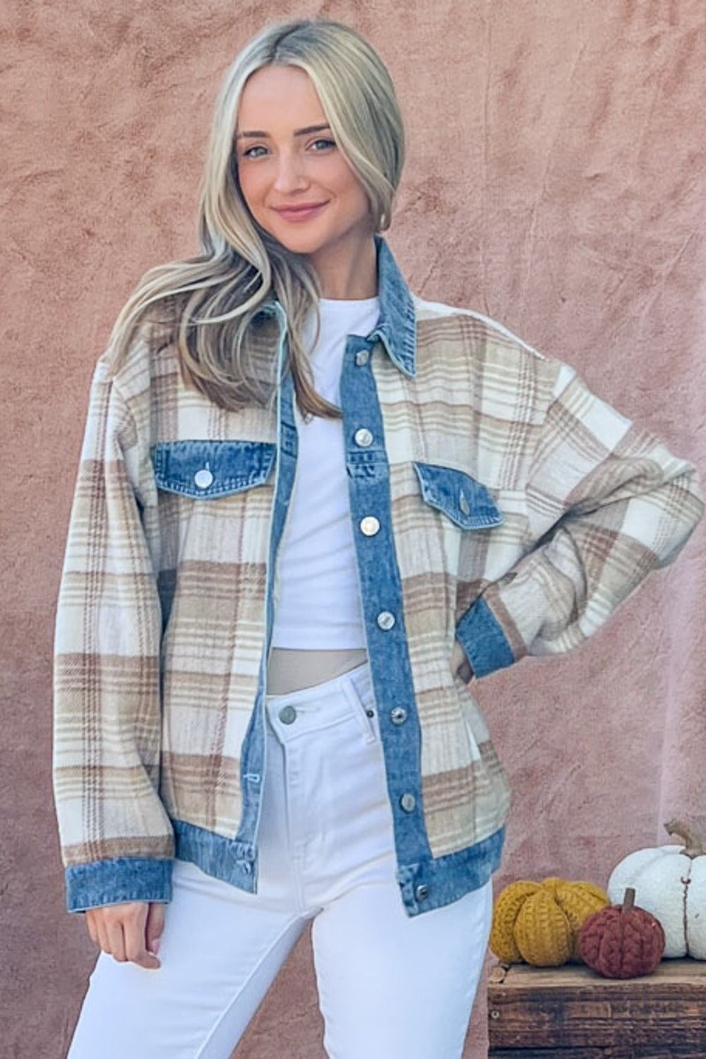 And The Why Full Size Washed Denim Detail Brushed Plaid Jacket - Happily Ever Atchison Shop Co.