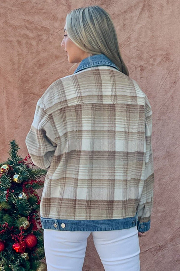 And The Why Full Size Washed Denim Detail Brushed Plaid Jacket - Happily Ever Atchison Shop Co.