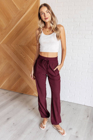 Runner's High Drawstring Joggers in Red Merlot - 1985 the VAULT Boutique