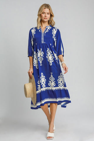 Umgee Printed Notched Midi Dress - 1985 the VAULT Boutique