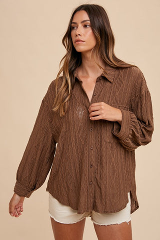 Annie Wear Openwork Button Down Drop Shoulder Shirt - 1985 the VAULT Boutique