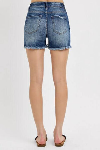 RISEN Distressed Raw Hem Denim Shorts - 1985 the VAULT Boutique