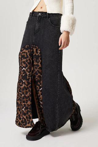 Slit Leopard Midi Denim Skirt - 1985 the VAULT Boutique