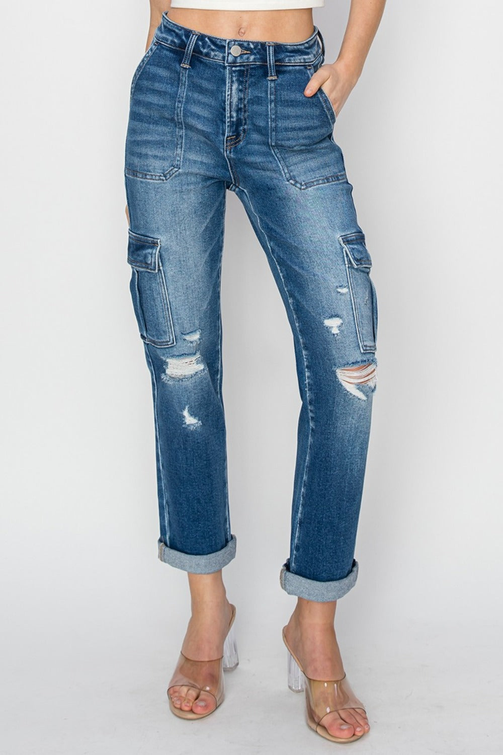 RISEN Full Size High Rise Cargo Ankle Roll Up Straight Jeans - 1985 the VAULT Boutique