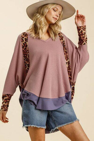 Umgee Full Size Leopard High-Low Dolman Sleeve Waffle Knit Top Plus Size - 1985 the VAULT Boutique