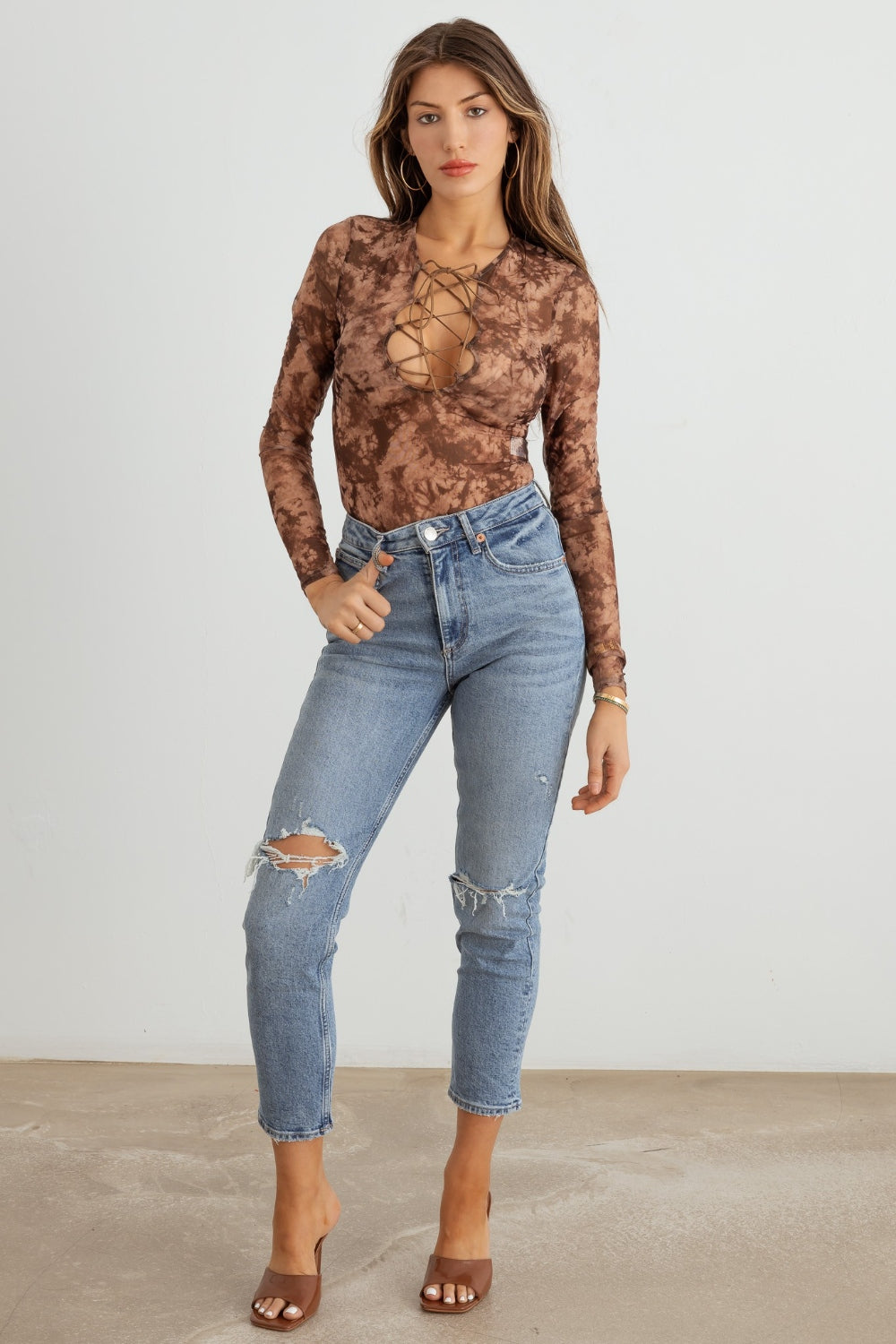 HERA COLLECTION Abstract Mesh Lace-Up Long Sleeve Bodysuit - 1985 the VAULT Boutique