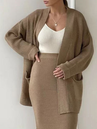 Pocketed Long Sleeve Cardigan and Skirt Sweater Set - 1985 the VAULT Boutique