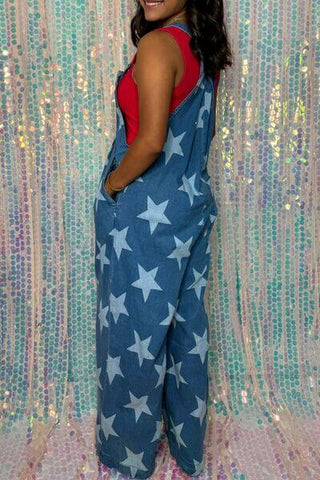 Star Print Buttoned Strap Wide Leg Denim Overalls - 1985 the VAULT Boutique