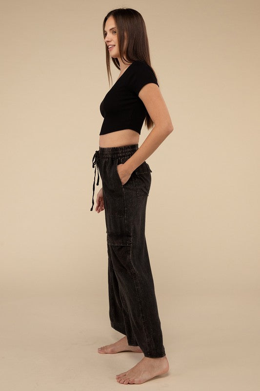 Washed Linen Elastic Band Waist Cargo Pants - 1985 the VAULT Boutique