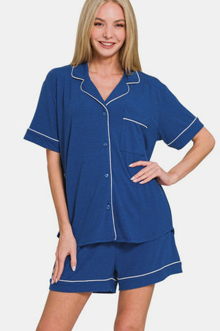 Zenana Button Down Short Sleeve Top and Shorts Lounge Set - 1985 the VAULT Boutique