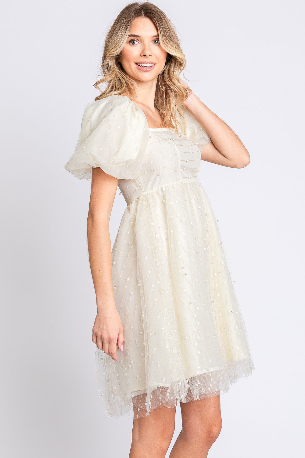 GeeGee Pearl Mesh Puff Sleeve Babydoll Dress - 1985 the VAULT Boutique