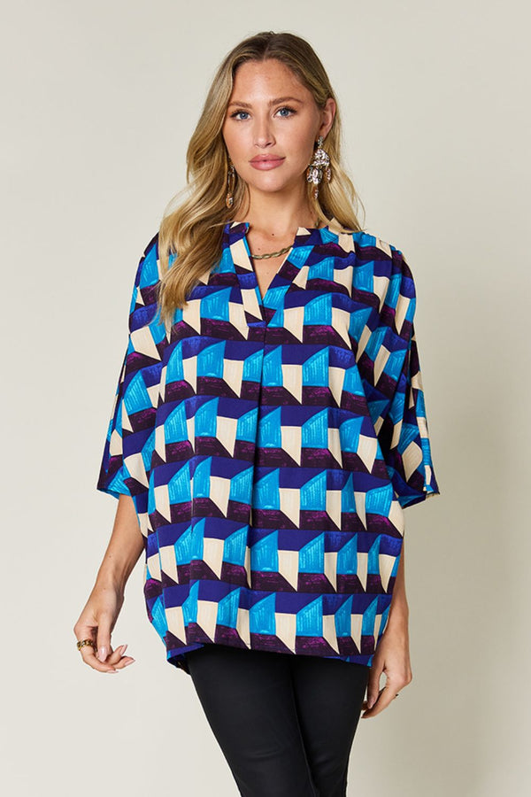 Double Take Full Size Geometric Notched Half Sleeve Blouse - 1985 THE VAULT