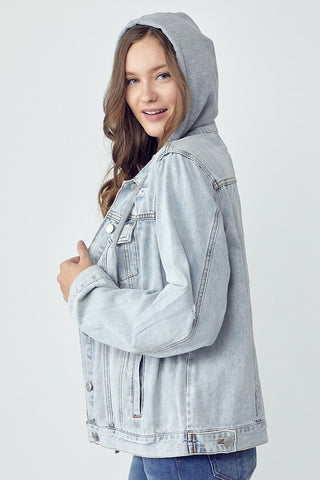 RISEN Full Size Distressed Drawstring Hooded Denim Jacket - 1985 the VAULT Boutique